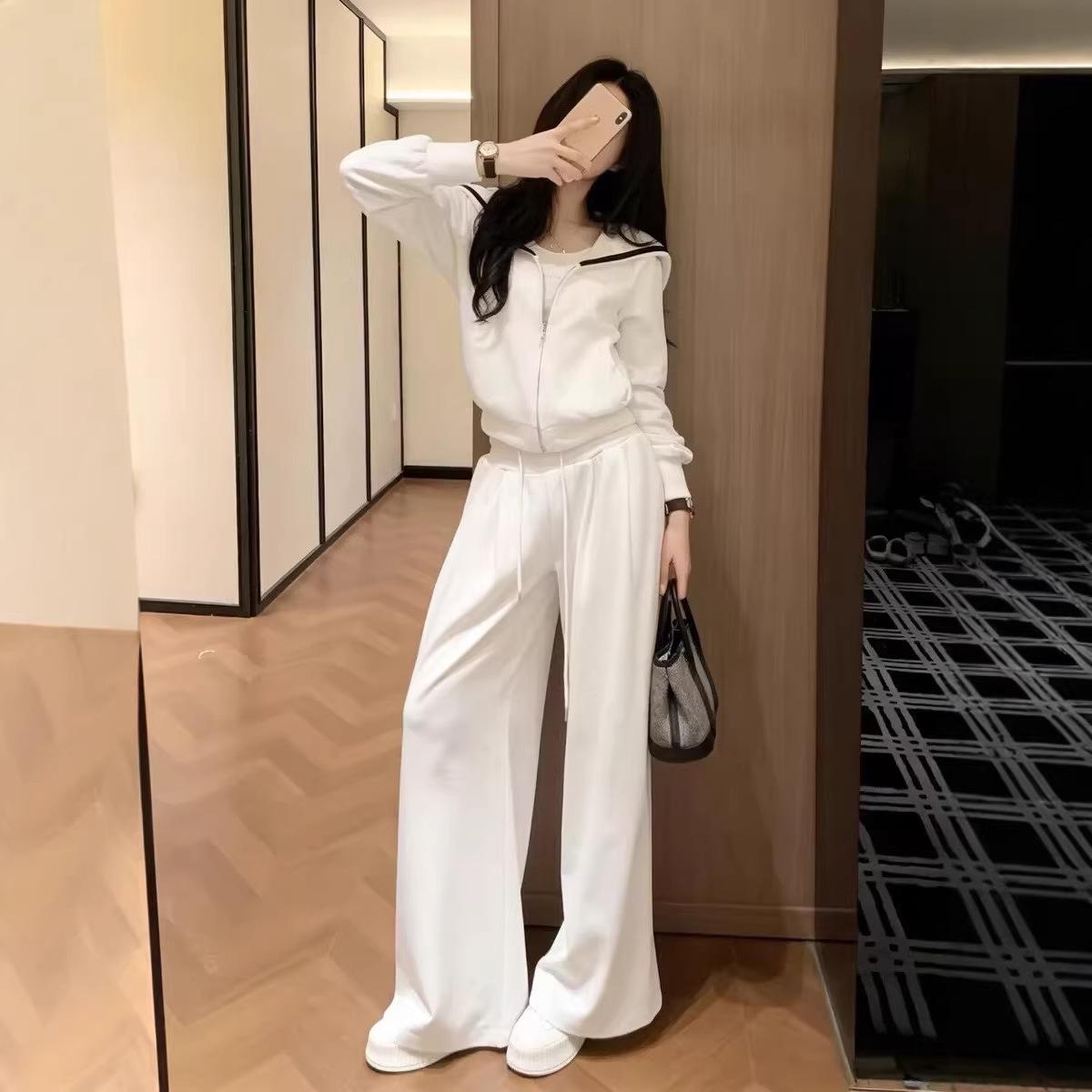 Korean Style Spring 2026 Women s White Hoodie & Wide-Leg Pants Casual Set M