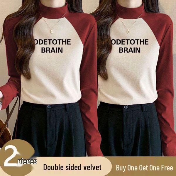 

German Velvet Two-Piece Color Block Semi-High Neck Slim-Fit Women s Shirt - Winter Warm Elastic Innerwear L (105-115 lbs)