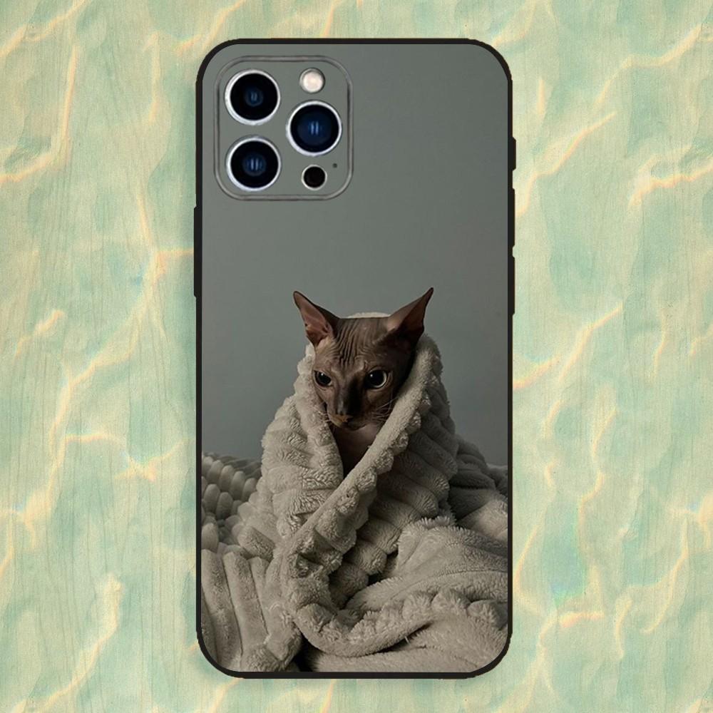 Animal Sphynx Cat Phone Case For iPhone 16,15,14,13,12,11 Plus,Pro Max,XS,X,XR,SE,Mini,8,7,Soft Silicone Black Cover