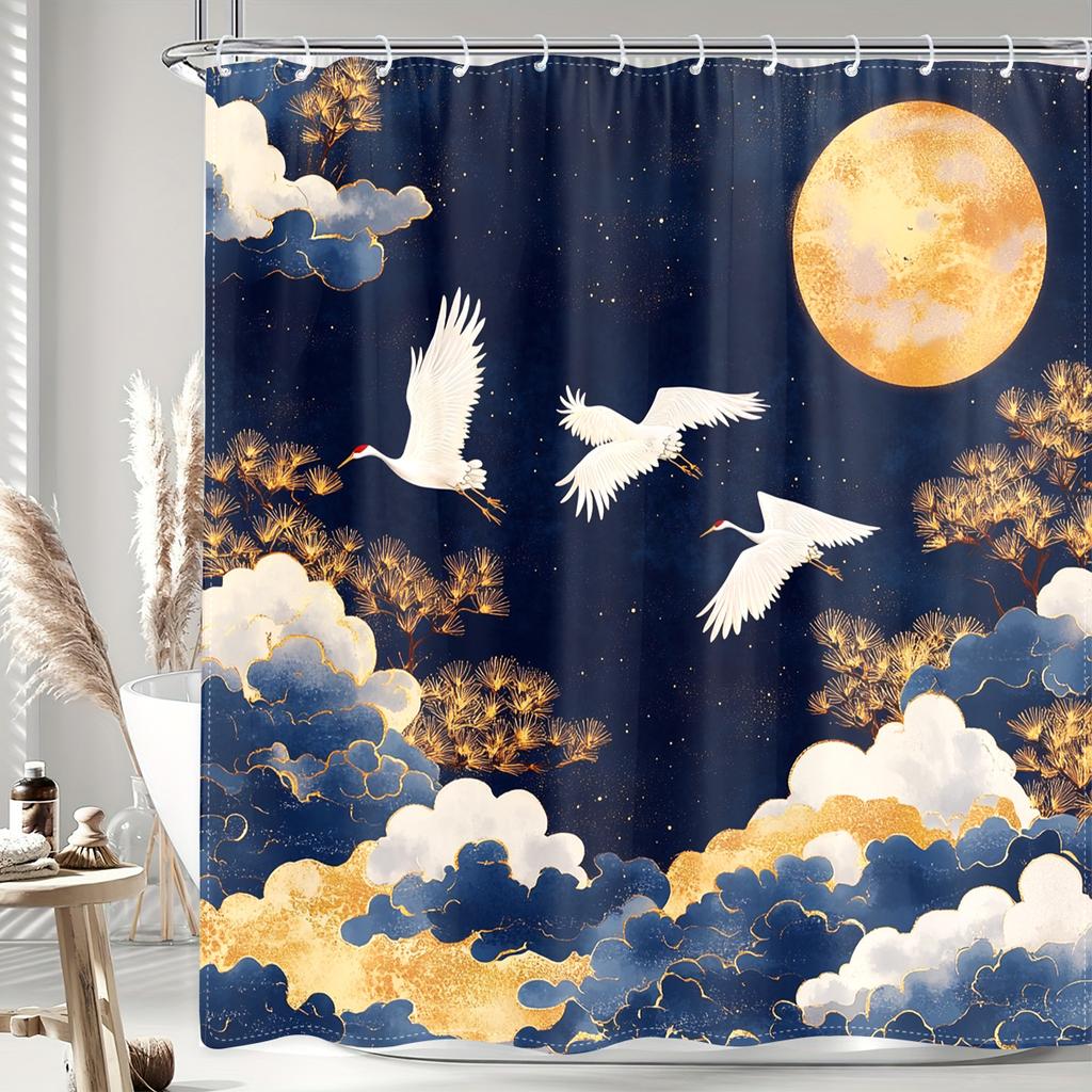 Vintage Rock and Roll and Crane Themed Shower Curtain - Waterproof Polyester with Hooks, Stain Resistant, Machine Washable