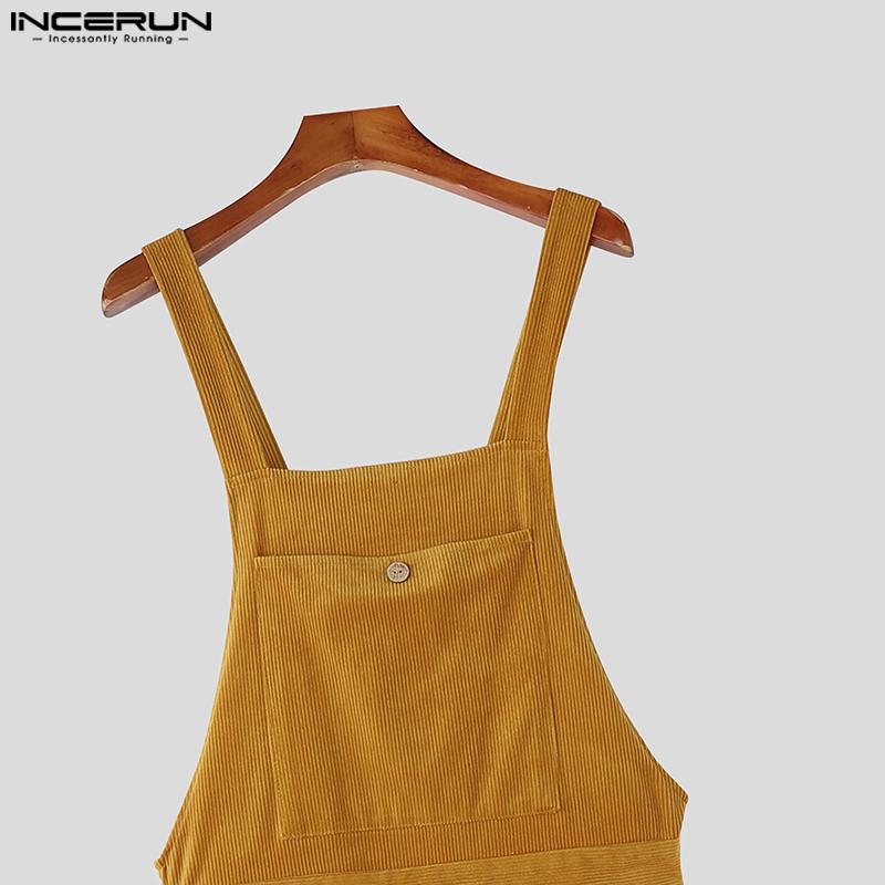 INCERUN Men Suspenders Corduroy Jumpsuit Overalls Strap Casual Loose Long Cargo Bib Pants