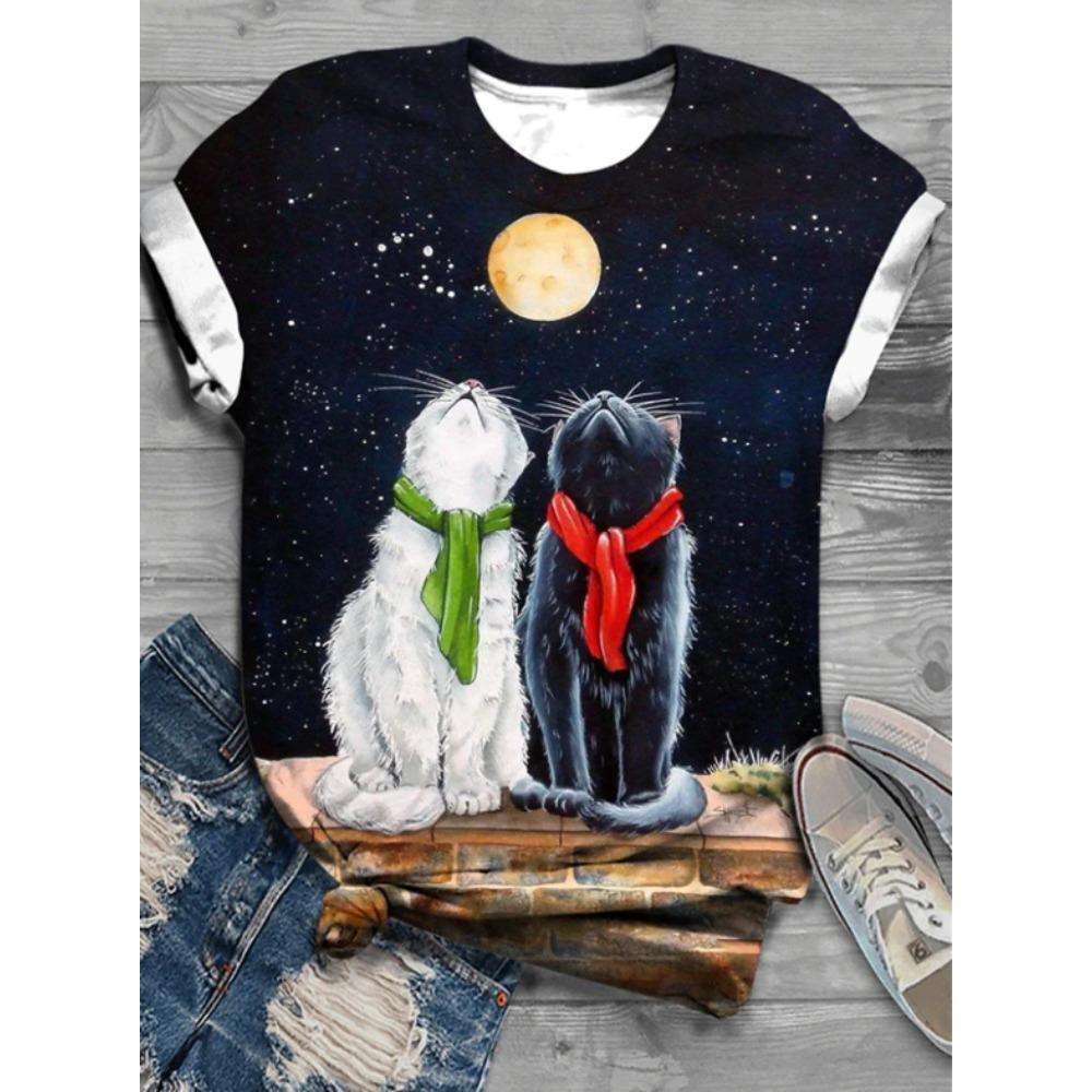 Fashion Women Retro Creative Cat Pattern Print T Shirt Funny Casual O-neck Short Sleeves T-shirt Summer Female Tee Shirt Halloween Limited Edition