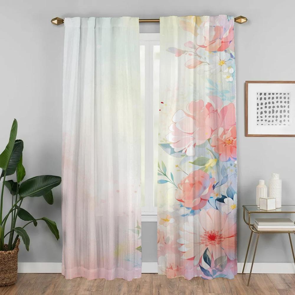 Flower Curtains for Living Room Curtain Anti-mosquito Curtains 2 Pieces Tulle for Bedroom Halloween Decoration Partition Shades