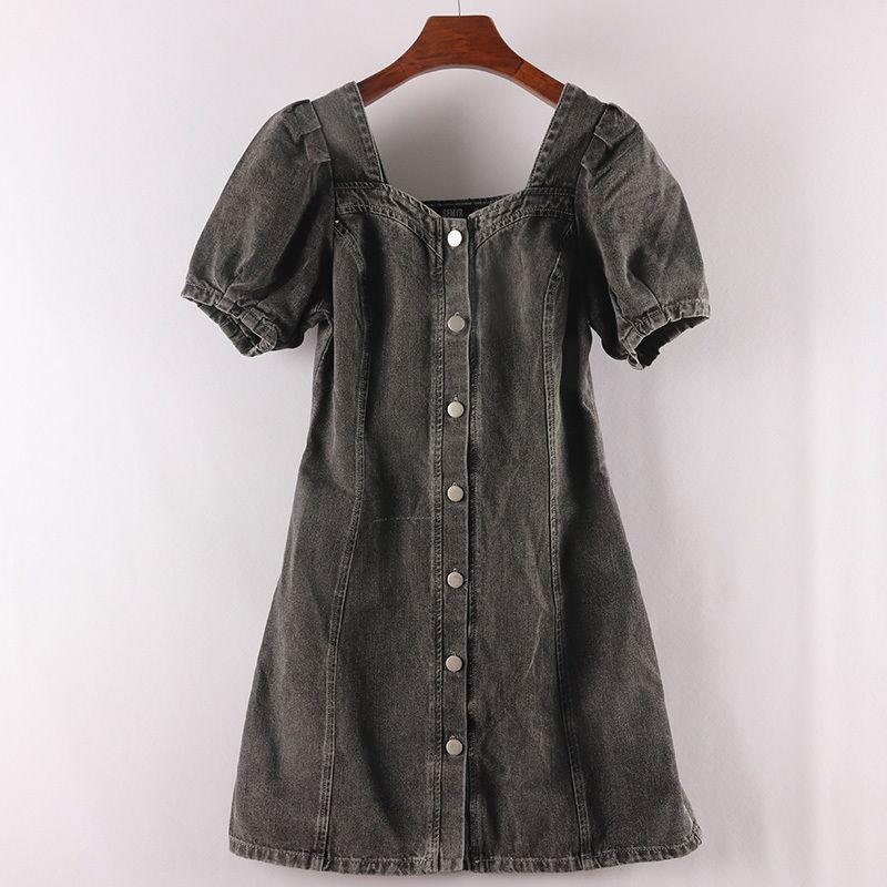 

S Домашняя Летняя Женская Одежда Рукава-Буфы Двухцветное Платье с Заниженным Плечом на Пуговицах DD Black Gray XS(150)