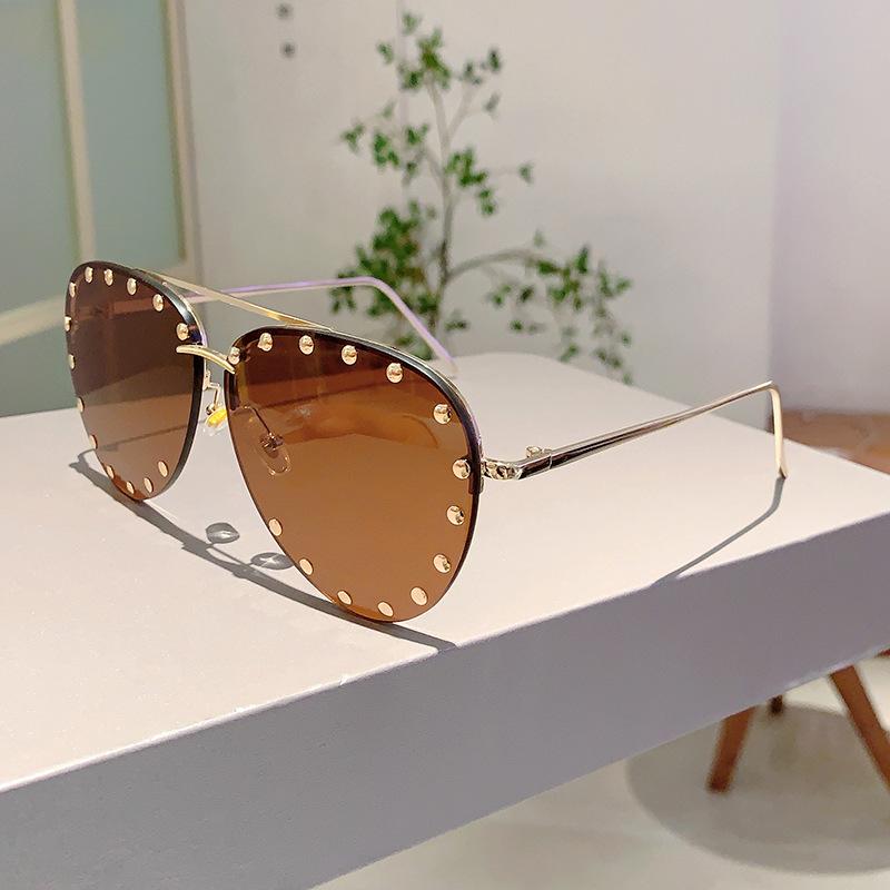 

Oversized Pilot Vintage Half Frame Metal Rivet Sunglasses Women For Men Luxury Brand Design Outdoor Party Steampunk Sun Glasses As the picture коричневый