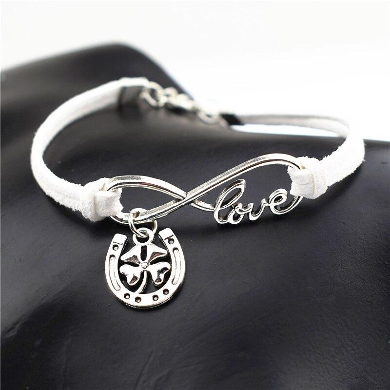 

Кожаный браслет «Бесконечная любовь» с лошадью и подковой для женщин и мужчин, копыта, счастливый подарок, браслеты с подвесками в виде четырехлистного клевера белый