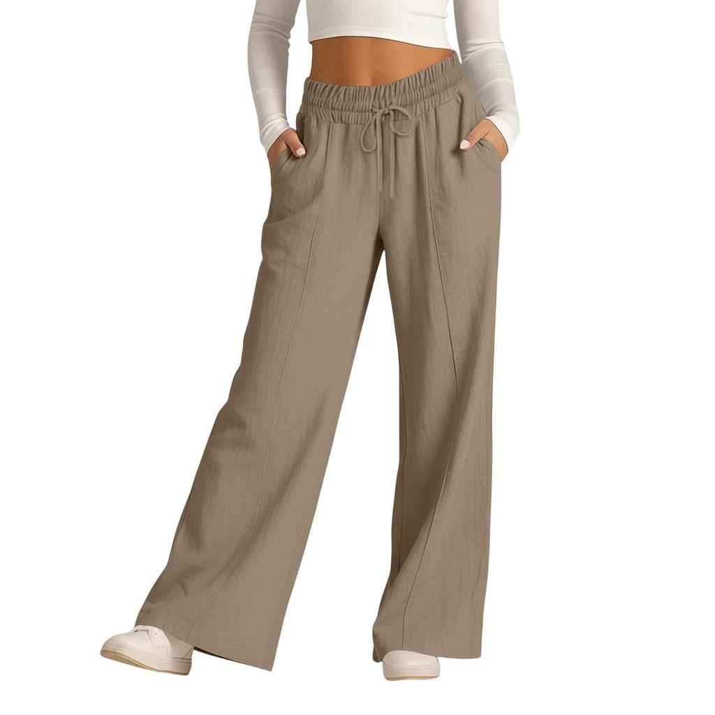 Women's Casual -Color High-Waisted Wide-Leg Drawstring Pants With Pockets