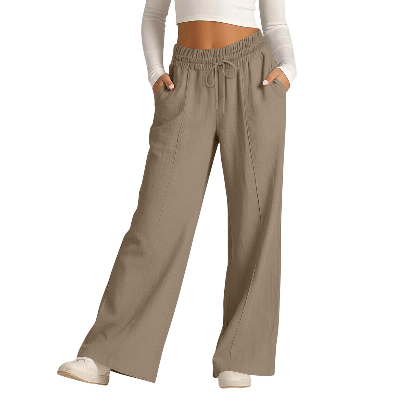 

Women s Casual -Color High-Waisted Wide-Leg Drawstring Pants With Pockets M хаки