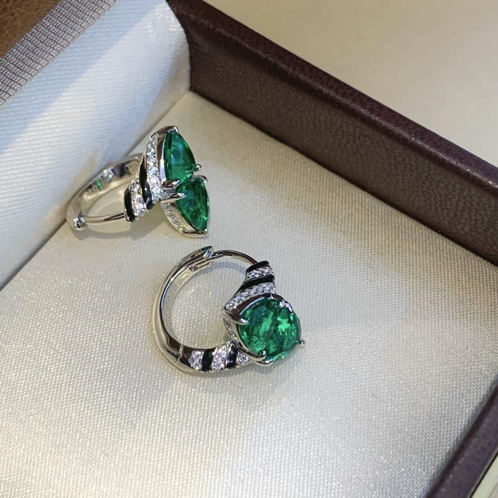 New Vintage 100% Pure 925 Sterling Silver Earrings Pave Aaa Zircon Emerald Zebra Line Ear Stud For Women Luxury Fine Jewelry