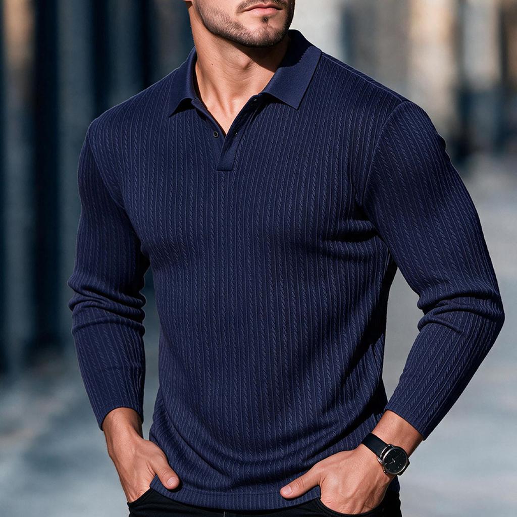 Men's Long Sleeve Knit Shirt with Collar for Spring and Fall