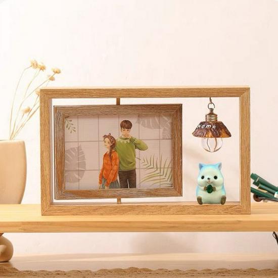 6-Inch Modern Double-Sided Rotating Wooden Photo Frame & Album with Wood Carving Ornament
