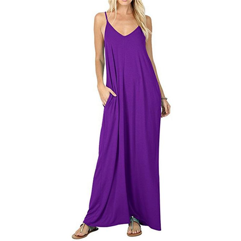 European and American Women's Clothing Solid Color Loose Pocket Long Dress, Vest Dress, Sexy Suspender Skirt