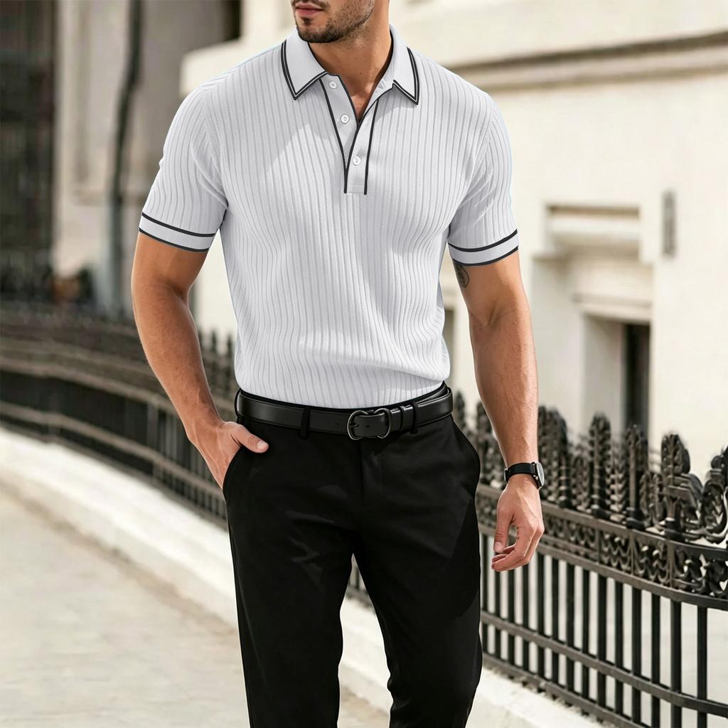Men Short Sleeve Polo Shirt Trim Ribbed Knit Button Down Collared Casual Top for Summer Daily Wear Office