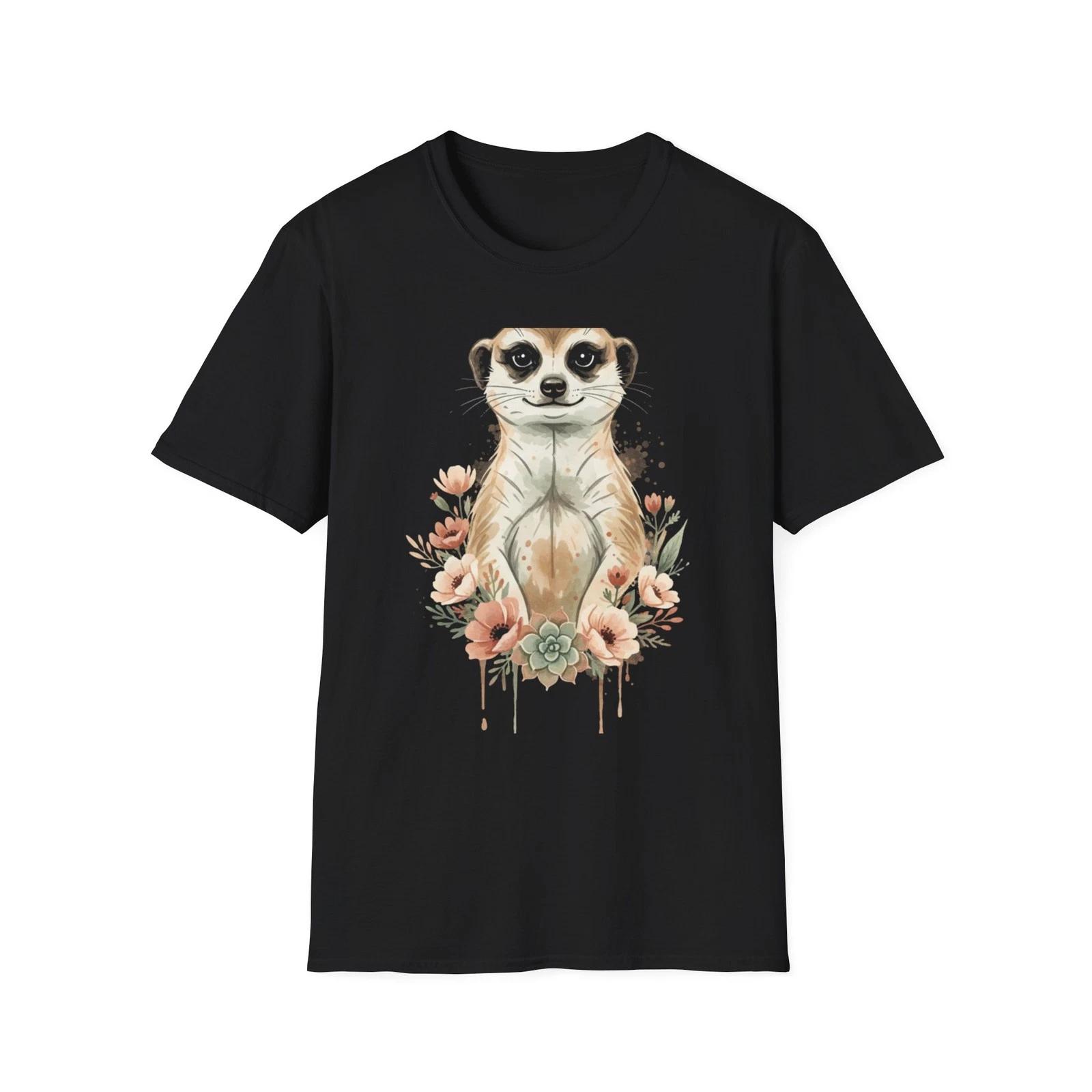 Meerkat Floral Watercolor Boho Black Tee Nature Pastel Graphic T-Shirt 4XL