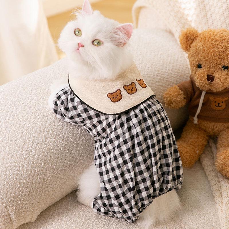Cute Cat Winter Thickened Quad Bear Lapel Plaid Cotton Coat Small Dog Dog Pet Clothes