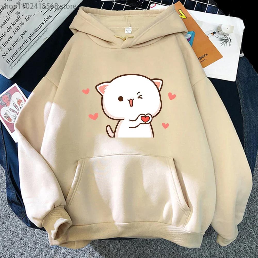 Women Hoodies Kawaii Peach Cat Cartoon Print Sweatshirt Mochi Heart Love Winter Cartoon Sudadera Clothing