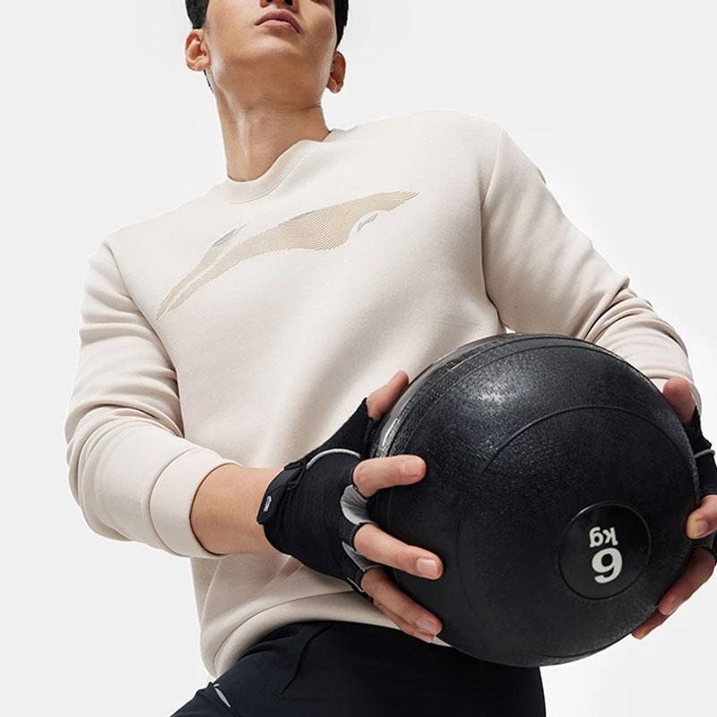 Li-Ning Fitness Series Logo Print Round Neck Sports Sweatshirt Men Sweatshirt Mica-Gray AWDU103-2