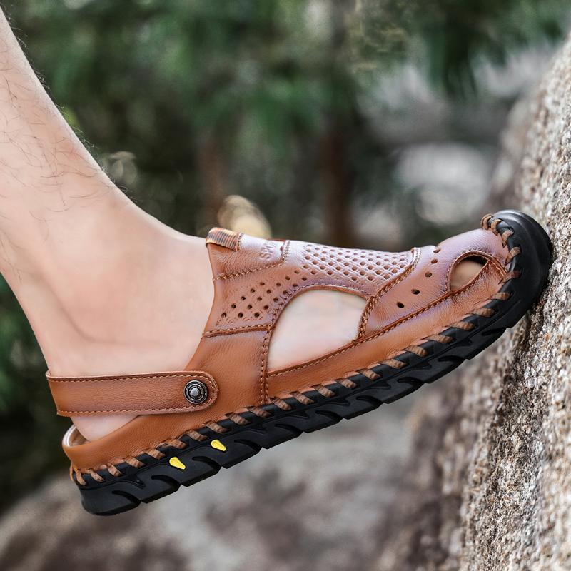 Sandales de randonnée pour hommes Sandales en cuir noir Sandales d'été d'extérieur Sandales romaines à bout large Marron Chaussures de plage Chaussures d'eau Grande taille