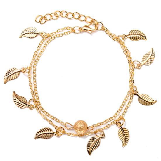 Double Layer Leaves Charm Anklet Foot Chain Summer Women Sandal Ankle Bracelet