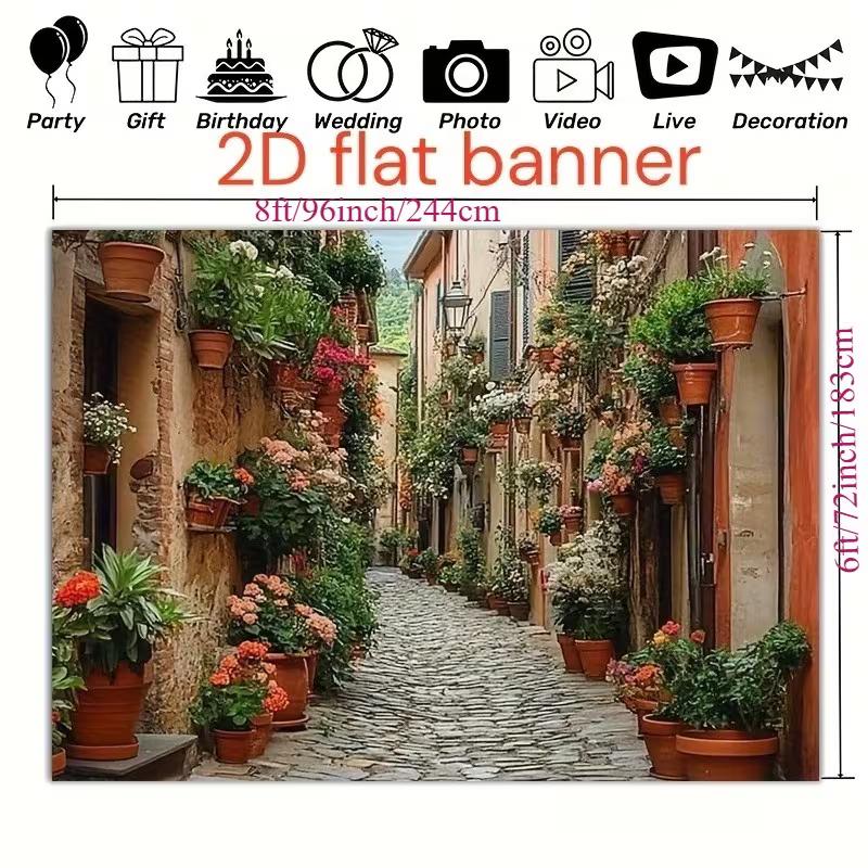 Italienische Toskanische Gasse Wandteppich, Kopfsteinpflasterstraße mit Blumen Hintergrundtuch, Heimdekoration