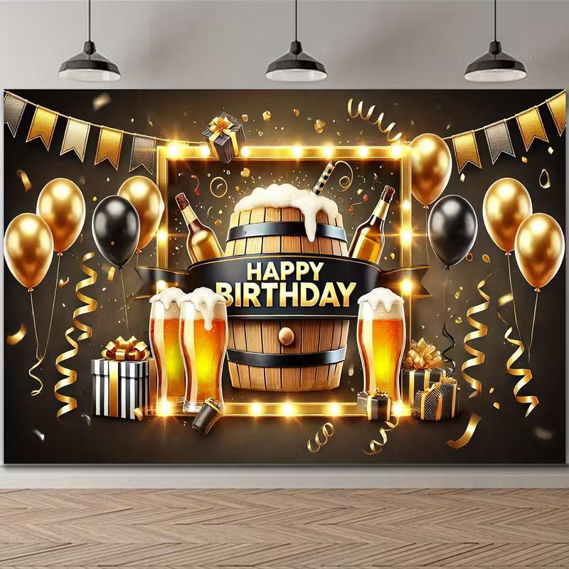 2D Flat Beer Barrel Birthday Banner Black & Gold Themed Backdrop for Men's Beer Celebration Party