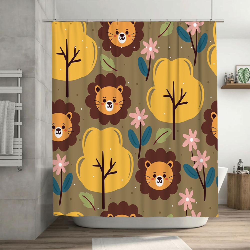Animal Cartoon Shower Curtain Set Decorative Bath Tubs Waterproof Printing Polyester Fabric Kids Bathroom Accessories Yellow Pin