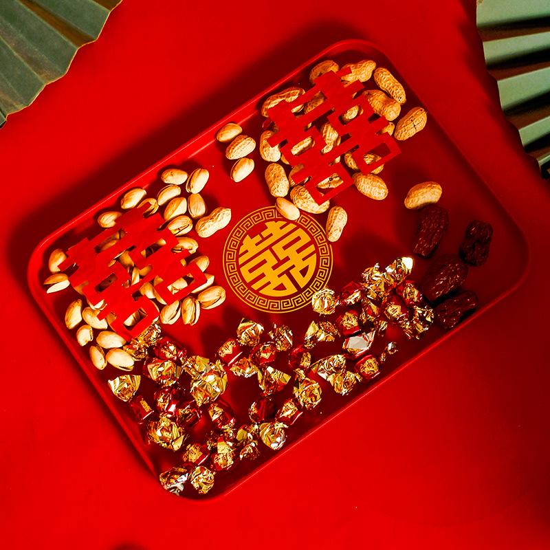Wedding Fruit Plate, Special Happy Character Dried Fruit Plate For Living Room, Red Happy Plate For Festive Wedding, Tea Toast Tray