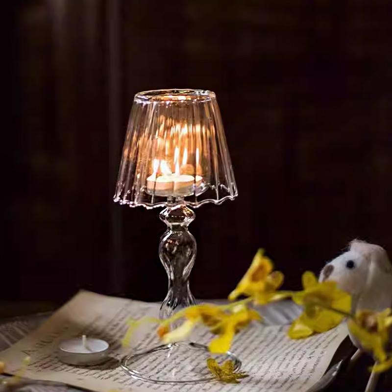 1PC Vintage-Inspired Glass Table Decoration Desk Lamp Shaped European Transparent Glass Candle Holder Glass 18.5x8.5cm