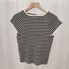 Summer Slimming and Stylish Unique Single-shoulder Versatile Top with Stripe and Round-neck Short-sleeve Knitted Shirt for Women