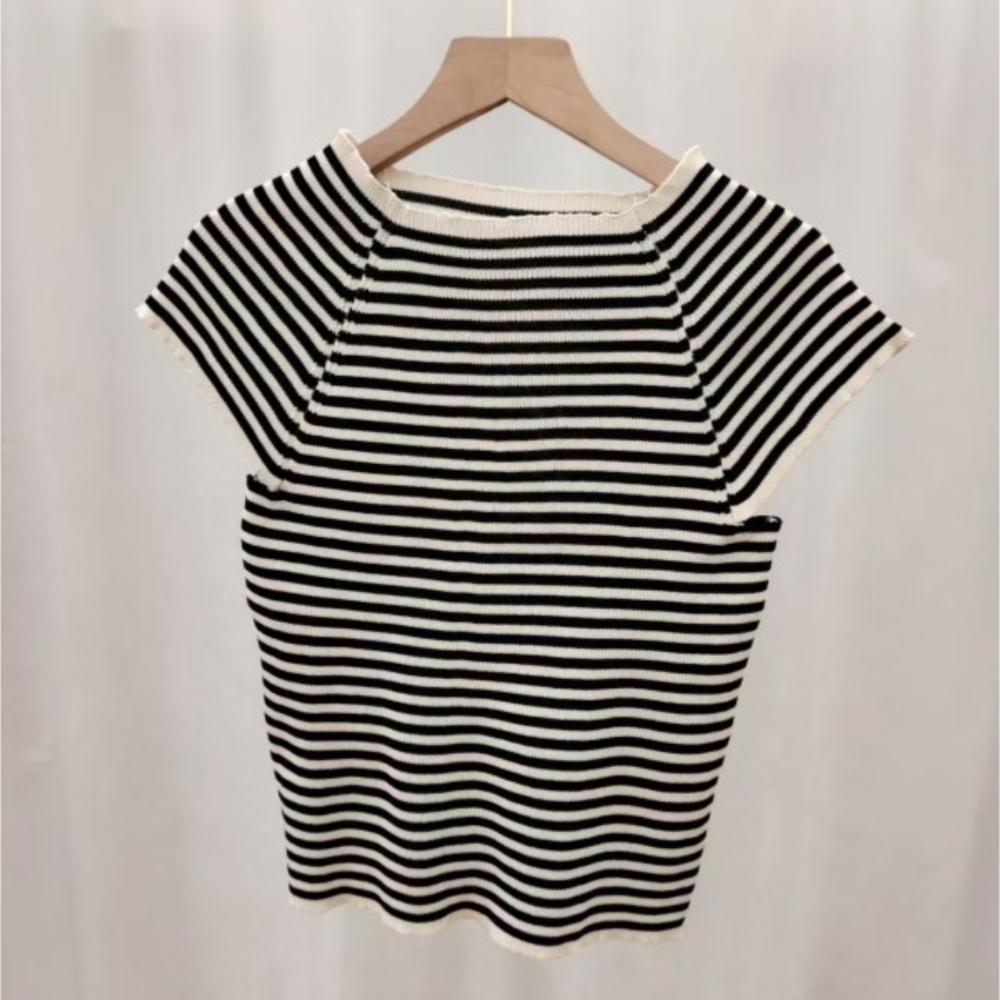 Summer Slimming and Stylish Unique Single-shoulder Versatile Top with Stripe and Round-neck Short-sleeve Knitted Shirt for Women