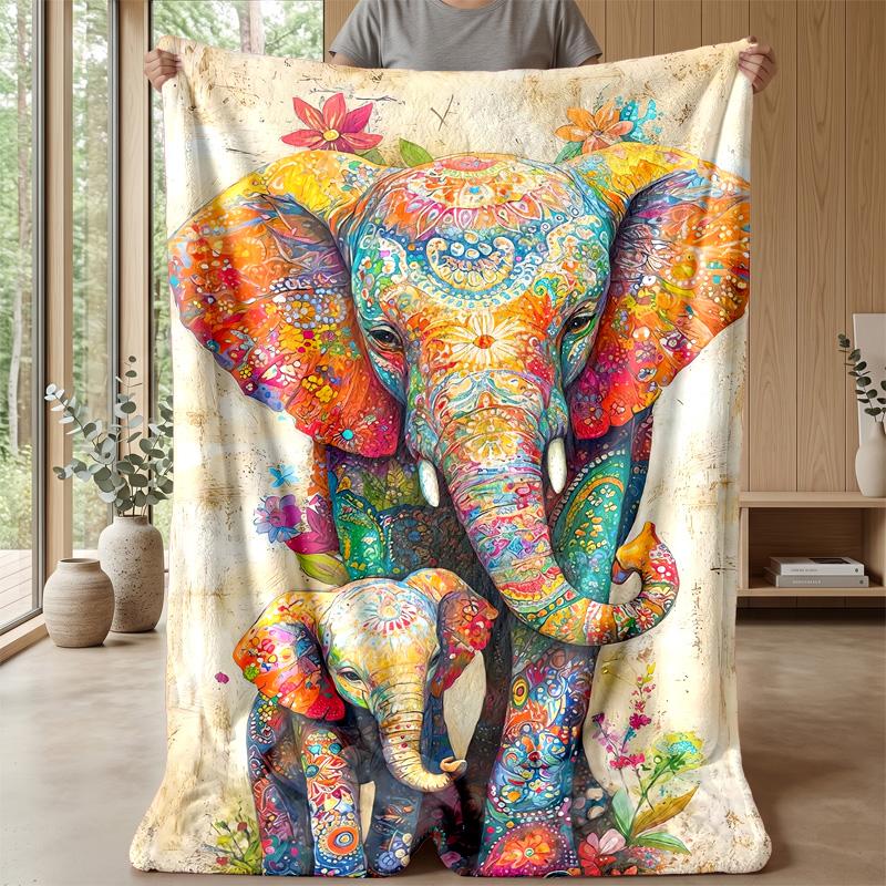 Vibrant Colorful Elephant Art Theme Blanket Lightweight Warm Flannel Blanket Decorative Throw Blanket for Home Decoration