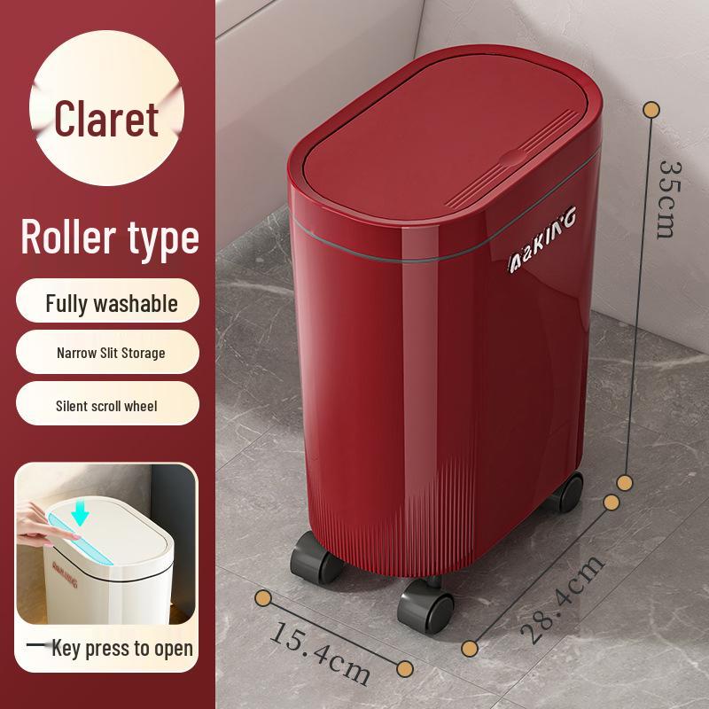 Press-Type Trash Can with Lid and Wheels for Bathroom Crevice