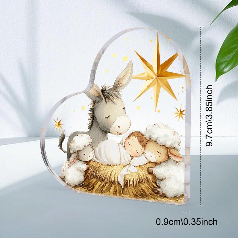 One Piece of Heart-Shaped Acrylic Decorative Sign And Plaque Featuring a Nativity Scene with a Humorous Donkey And Lamb Design, Making It an Ideal  