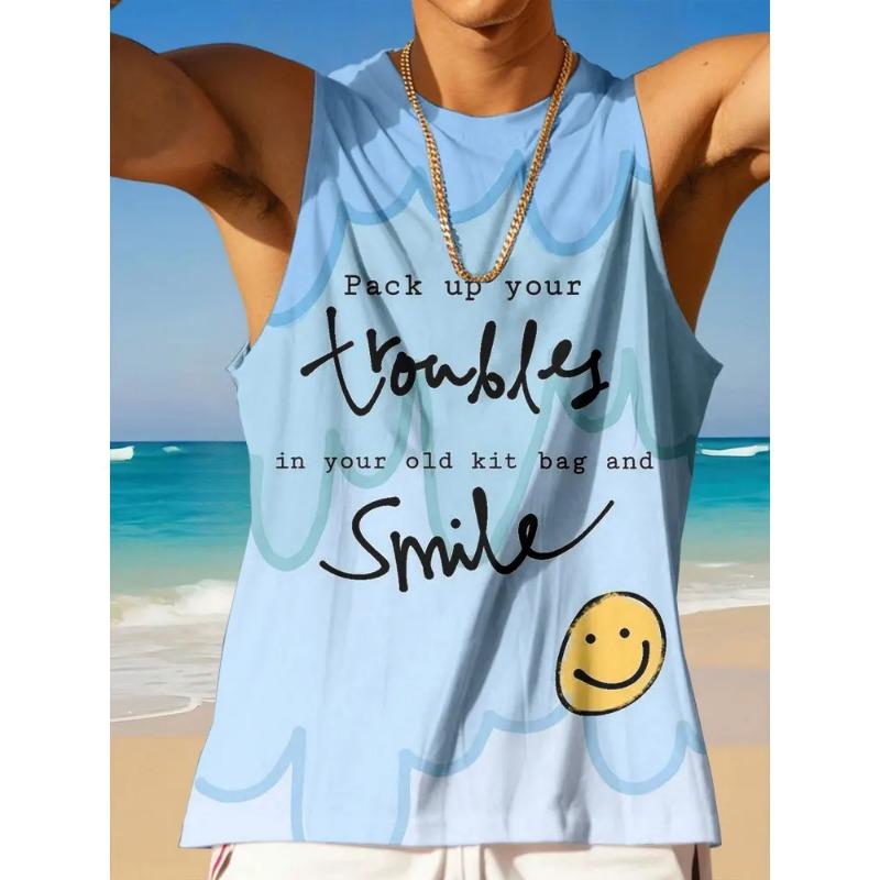 Summer Round Neck 3D Palm Leaf Printed Top Fashionable Casual Hawaiian Beach Sleeveless Vest Men's T-shirts