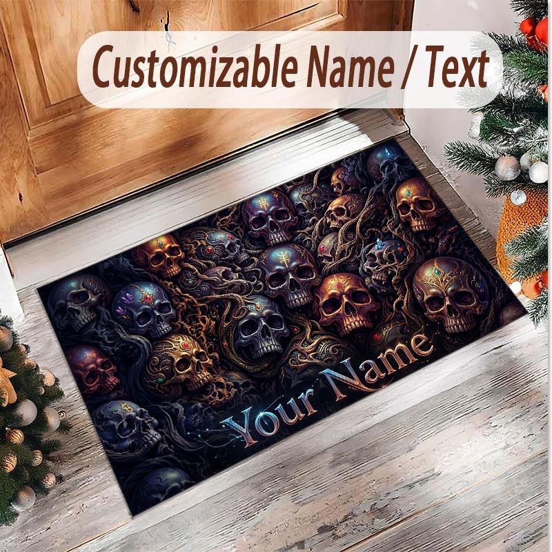 Totenkopf Gothic Thema Weicher Kristall-Samt Teppich Benutzerdefinierter Name & Text Druck Rutschfester Boden Teppich für Schlafzimmer Wohnzimmer