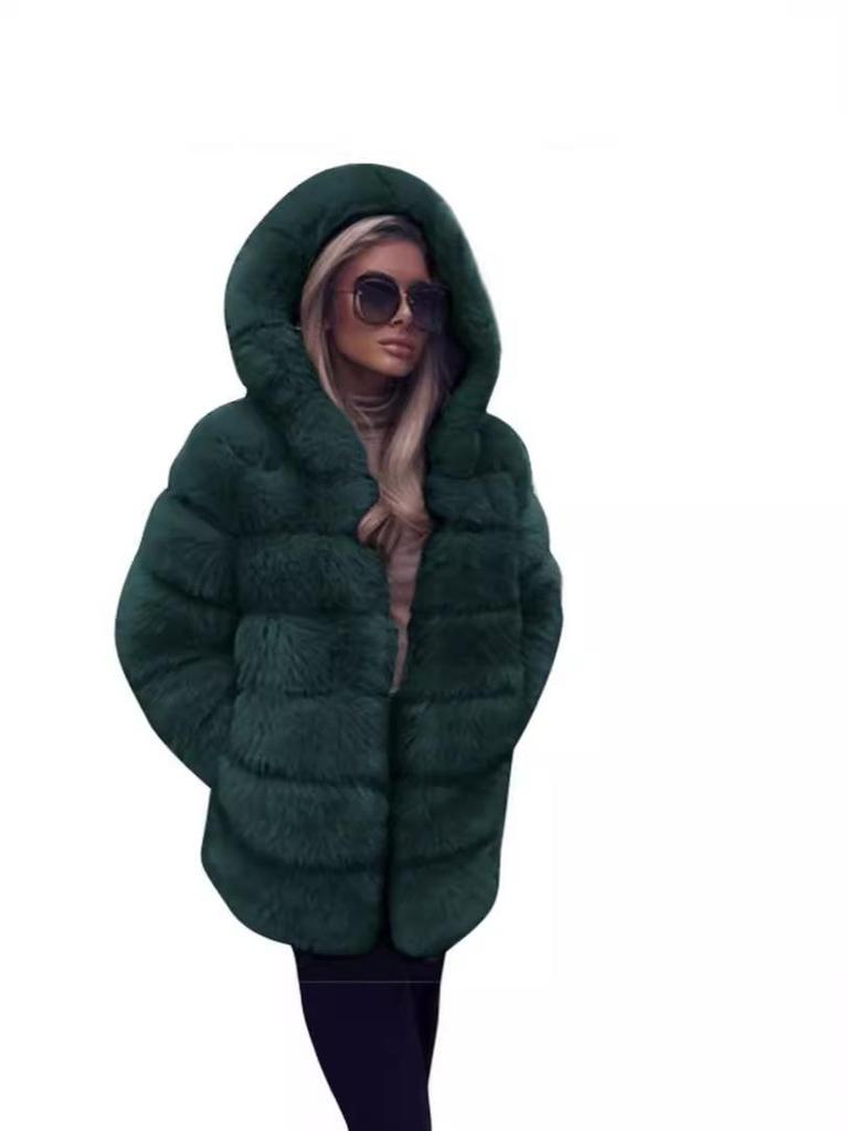 Women's Mid-Length Imitation Fox Fur Coat - Long Sleeve European & American Fashion Warm Overcoat