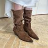 2025 Autumn and Winter New French Retro Thick Heel Western Cowboy Boots Women's Pointed Belt Buckle Medium Boots