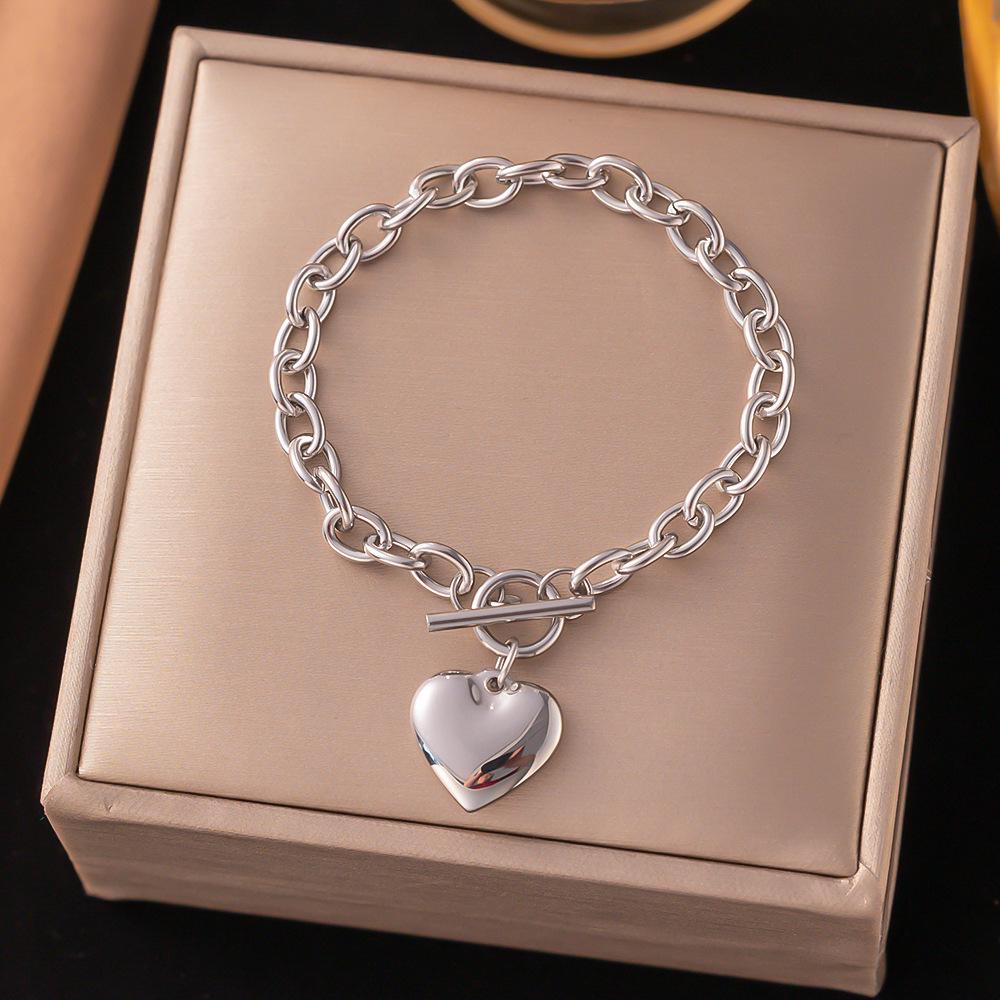 French Titanium Steel Heart Choker Necklace And Bracelet Set Sweet Peach Heart Tassel Design Women Jewelry