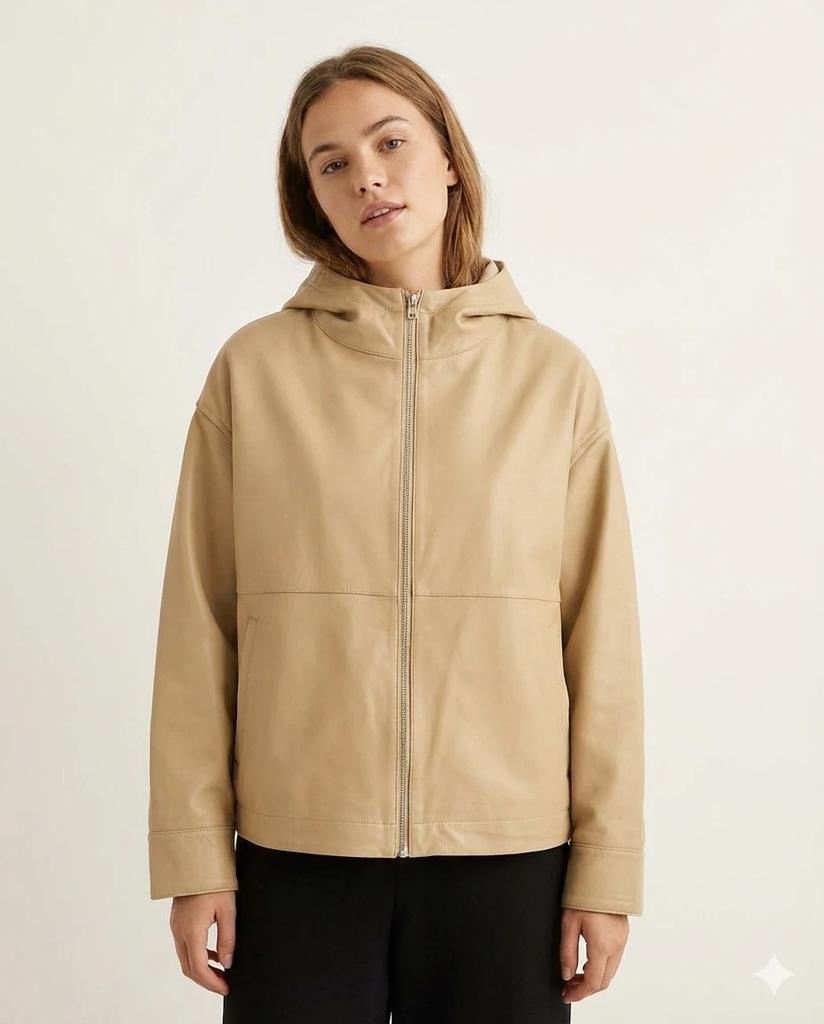 Leather Causal Jacket Beige Hooded Genuine Soft Women's Motorcycle Handmade Pure