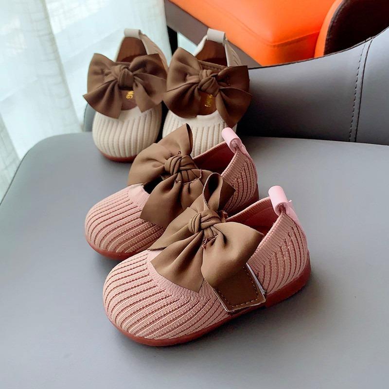 Spring/Autumn Girls' Leather Shoes with Bow, Square-Toe Soft-Sole Walking Flats for 1-Year-Old Babies, Breathable Anti-Slip Infant Shoes.