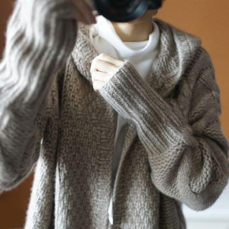 Autumn Winter Loose Knitted Women Hooded Long Sweater Coats Casual Korean Fashion Solid Color Elegant Jacket Twist Thick Cardigan Sweaters Clothing