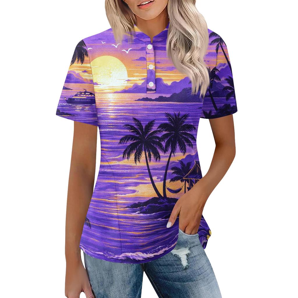 Women’s Casual Polo Neck Loose Fit Short Sleeve Top with Abstract Print and Button for Everyday Wear