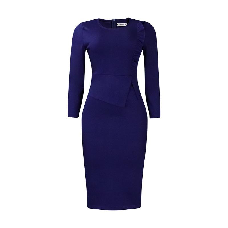 Women Elegant Office Long Sleeve High Waist Solid Bodycon Pencil Midi Dress