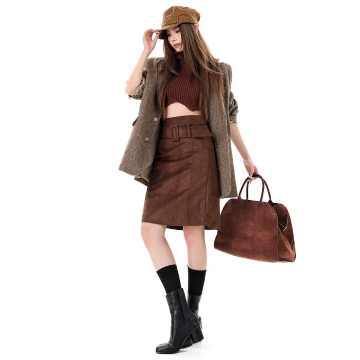 American Retro Suede Women s High Waist Slimming Bodycon Skirt for Autumn/Winter 2025 M кофейный