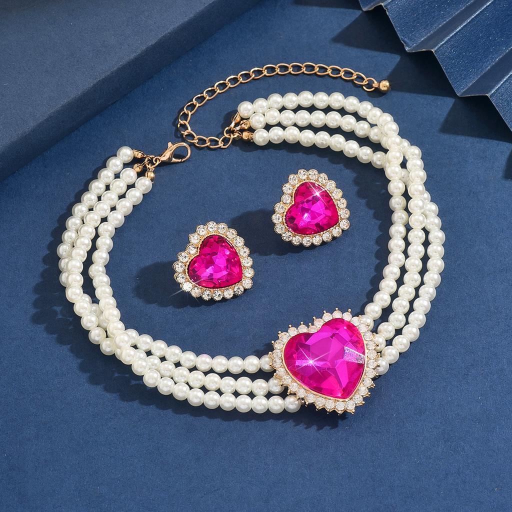 3PC Women's Fashion Peach Heart Pearl Series Necklace, Earrings, and Jewelry Set, Suitable for Wedding, Party, and Festival Gift