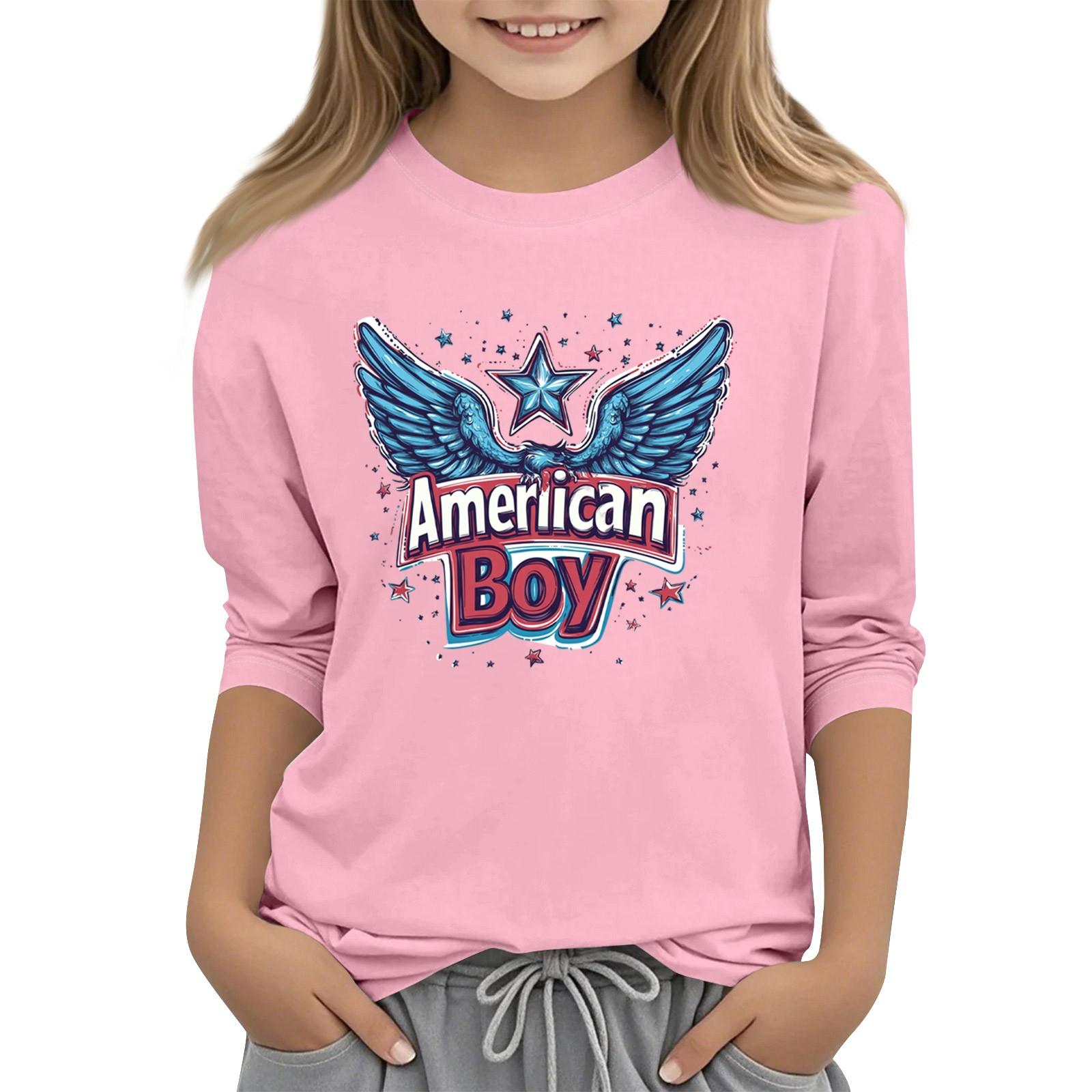 

Children s 3/4 Sleeve Independence Day Printed Round Neck Casual T-shirt 120 розовый