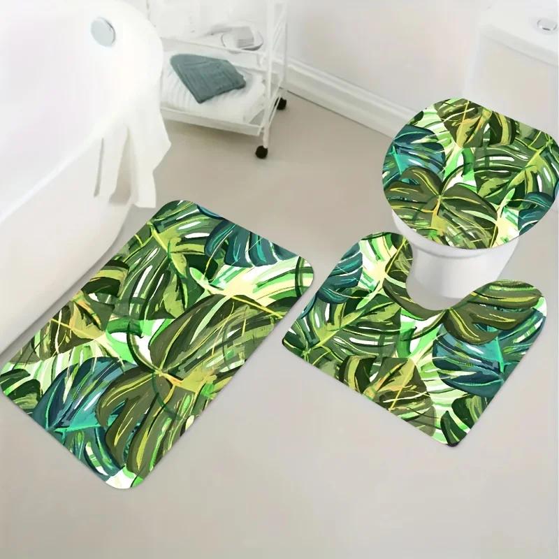 4pcs, Tropical Greenery Pattern,Apartment Bathroom, Shower Room Shower Curtain, Hotel Shower Curtain Set, with 12 Hooks