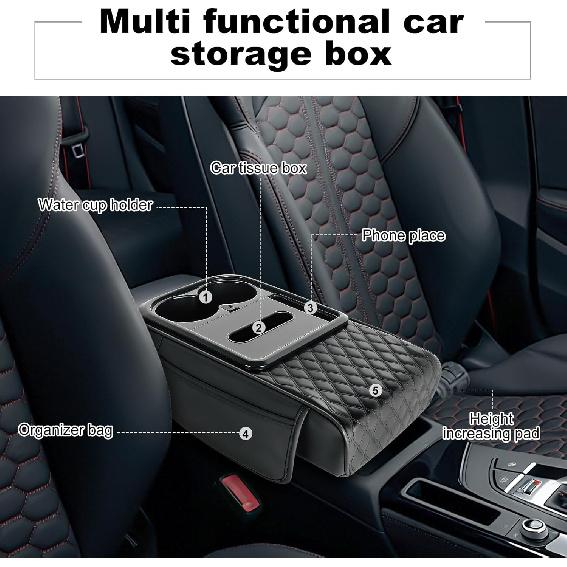 5-in-1 Arm Rest Cover Universal Armrest Storage Box for Car Upgrade Memory Foam Console Cover with Cup Phone Tissue Box Holder(Black)