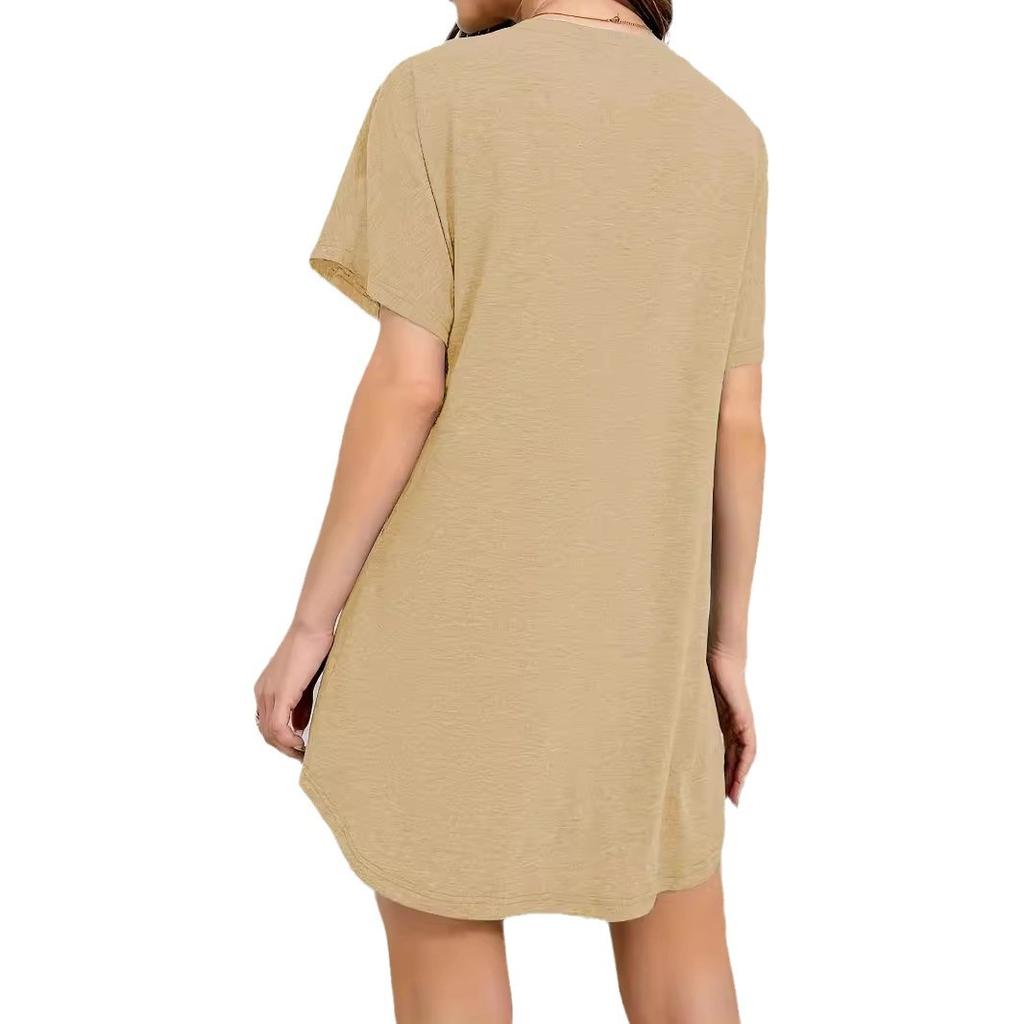 Women's pajamas dress Khaki short-sleeved V-neck casual dress