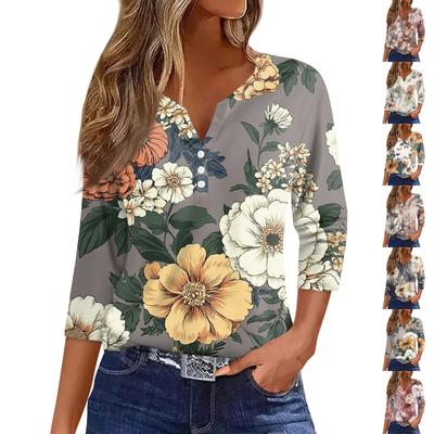 Women's Fashion Casual Floral Print V-Neck Decorative Button Three-quarter Sleeve T-Shirt Top